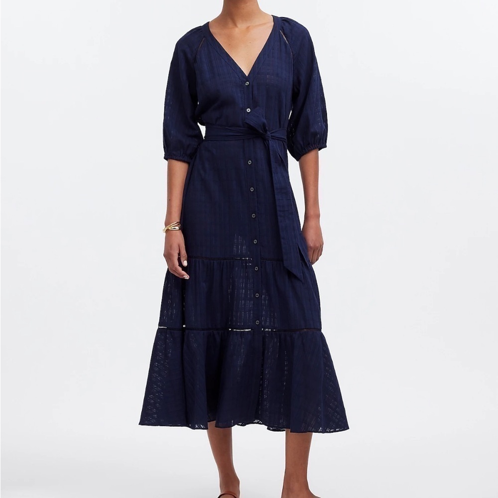 Madewell Tie-Waist Tiered Midi Dress w/pockets Windowpane‎ Navy size 0 NWT NS139